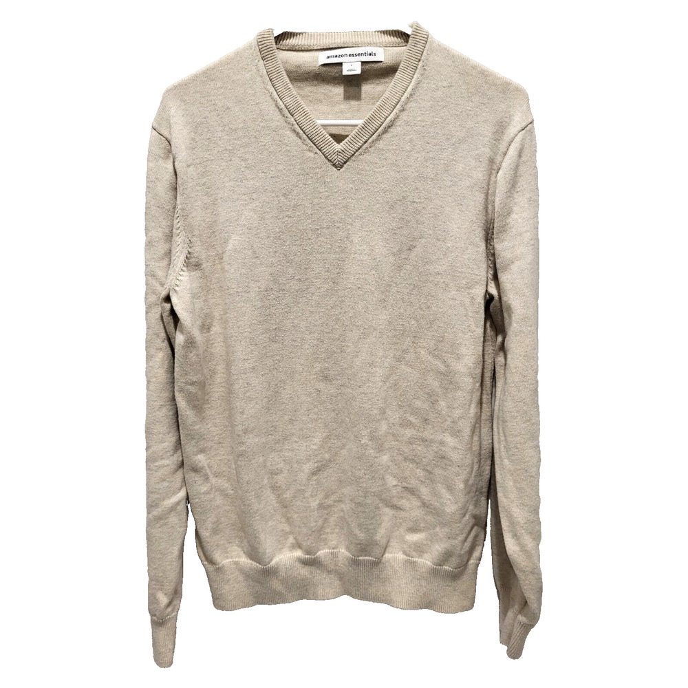 Oatmeal Vee Neck Pullover Sweater Cotton Ribbed Neck Cuffs Waist Mens L